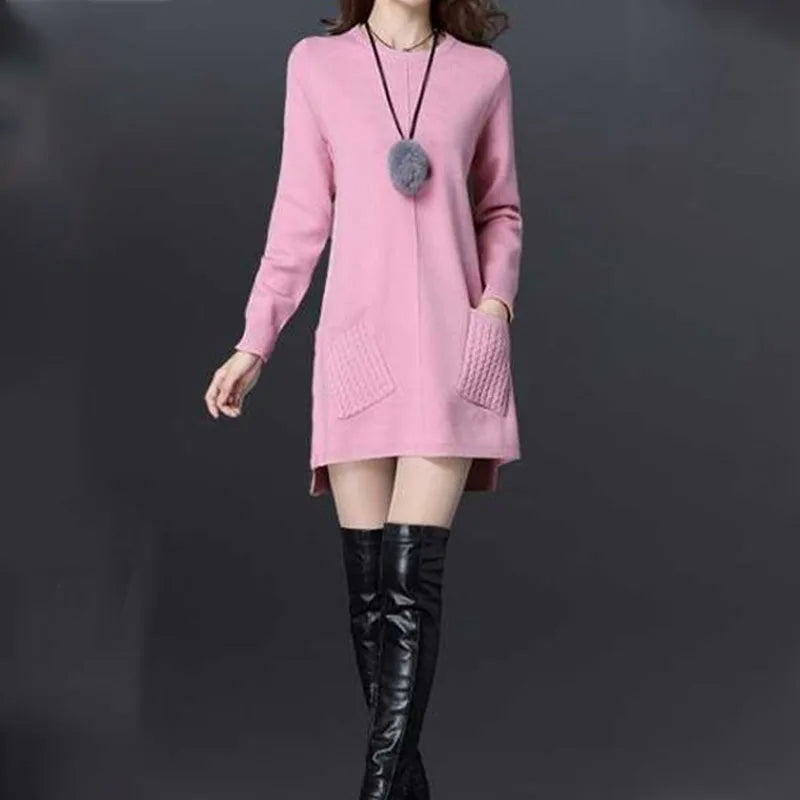 Stylish women's cable knit midi sweater dress, Madison design, highlighting cozy texture, relaxed fit, and winter fashion.