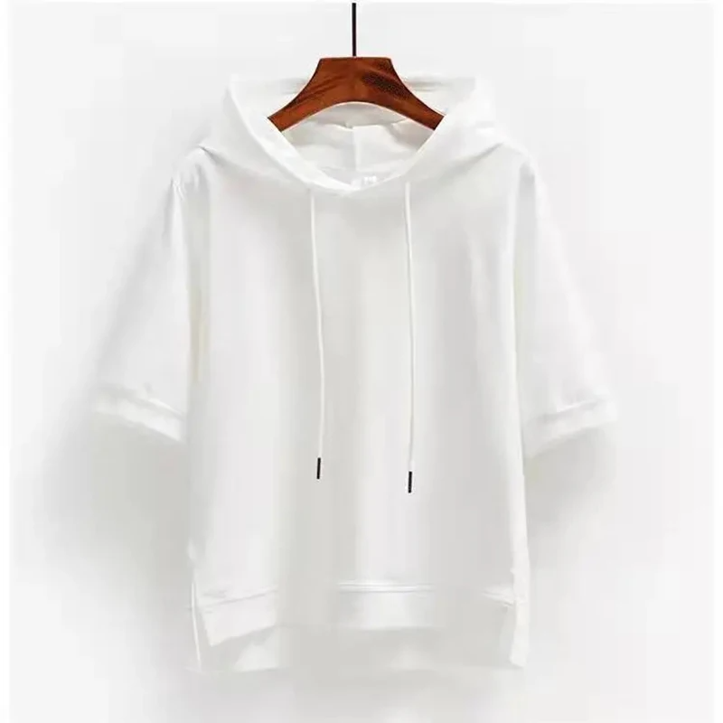Relaxed fit short-sleeve women's hoodie, perfect for summer casual wear or comfortable loungewear.
