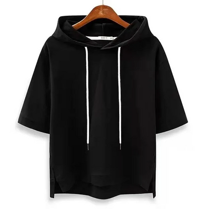 Maison women's short-sleeve relaxed hoodie, a comfortable and stylish top for everyday casual wear.
