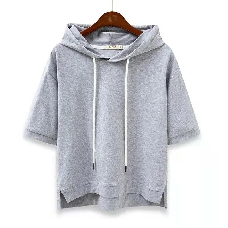 Stylish Maison women's short-sleeve hoodie, versatile for casual fashion or layered summer looks.