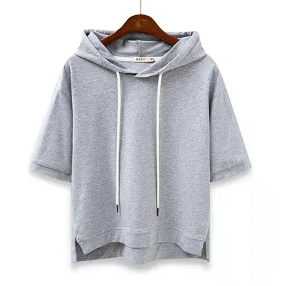 Stylish Maison women's short-sleeve hoodie, versatile for casual fashion or layered summer looks.