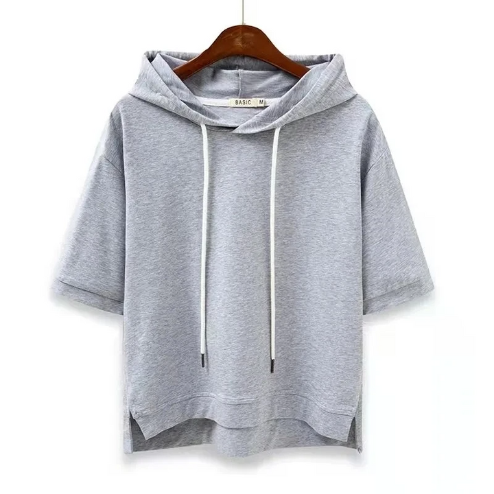 Stylish Maison women's short-sleeve hoodie, versatile for casual fashion or layered summer looks.