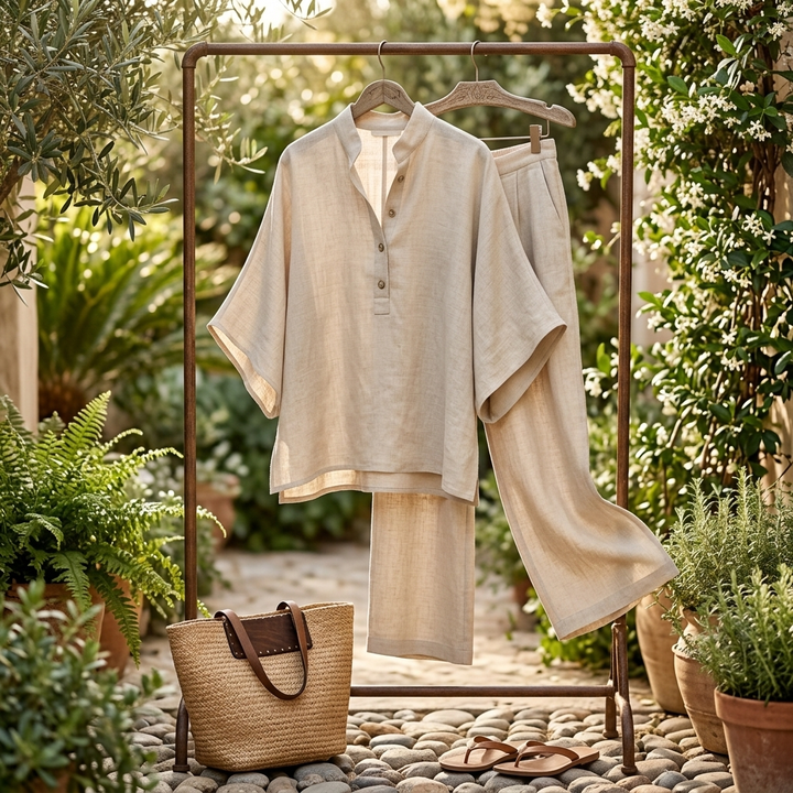 Elegant women's summer two-piece set: mandarin collar shirt and stylish wide-leg pants.