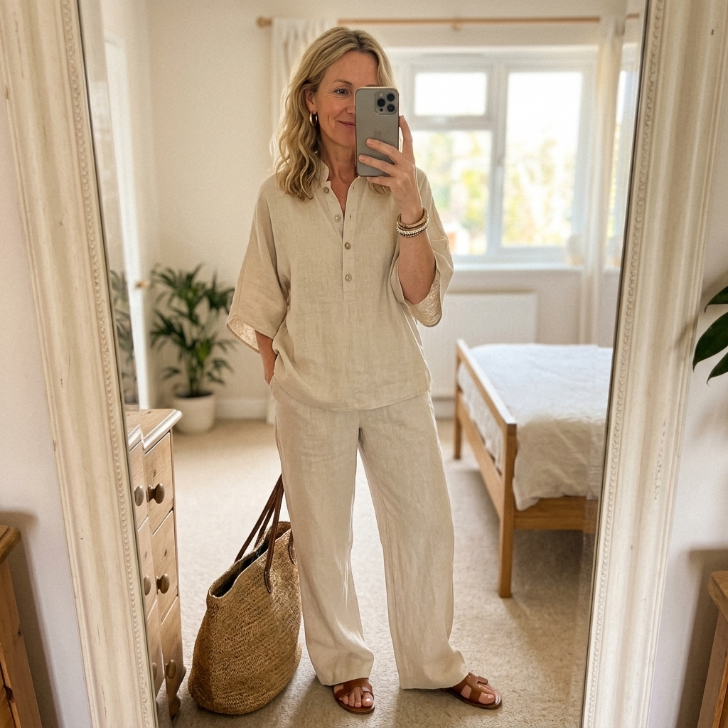 Comfortable women's wide-leg pants set with a classic mandarin collar top.