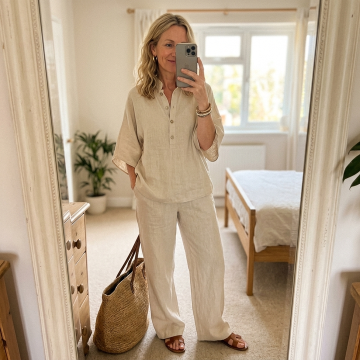 Comfortable women's wide-leg pants set with a classic mandarin collar top.