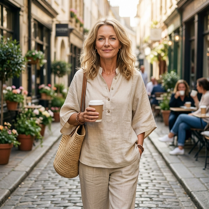 Stylish women's breathable matching set, mandarin collar and wide-leg pants for easy wear.