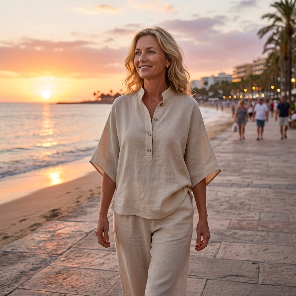 Modern women's two-piece set: mandarin collar shirt & wide-leg palazzo style pants.