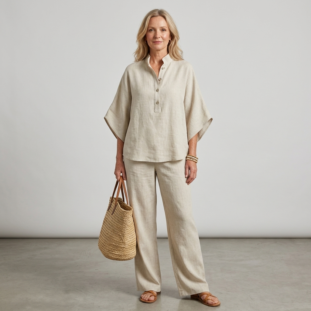 Casual elegant women's two-piece with mandarin collar top and flowy wide-leg pants.