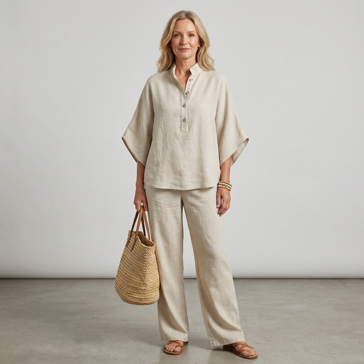 Casual elegant women's two-piece with mandarin collar top and flowy wide-leg pants.