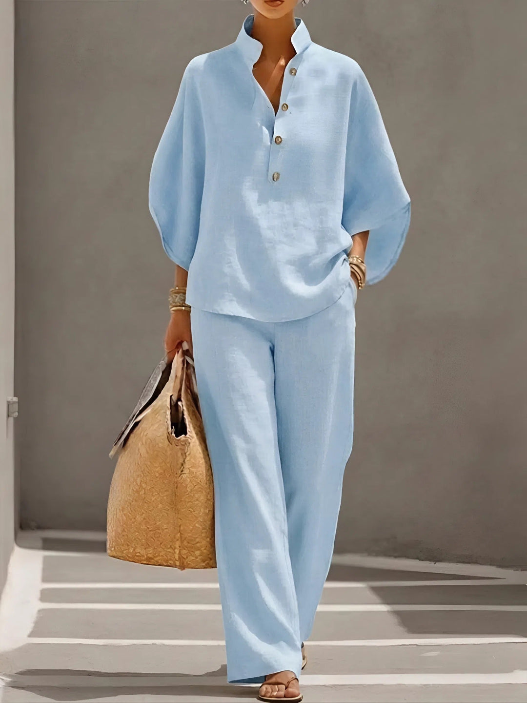 Casual women's wide-leg two-piece set with a chic mandarin collar, ideal for summer.