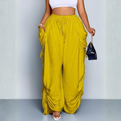 Elegant women's high-waisted wide leg pants. Drawstring, relaxed fit, comfortable and stylish for versatile casual wear.