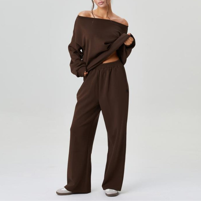Women's Marlowe knit two-piece set featuring wide-leg trousers & matching top. Cozy, chic loungewear co-ord.