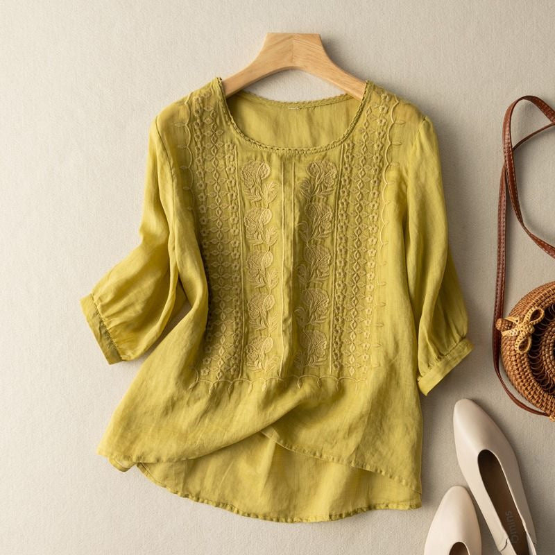 Women's Meadow Embroidered Blouse in a relaxed fit, perfect for boho summer style.