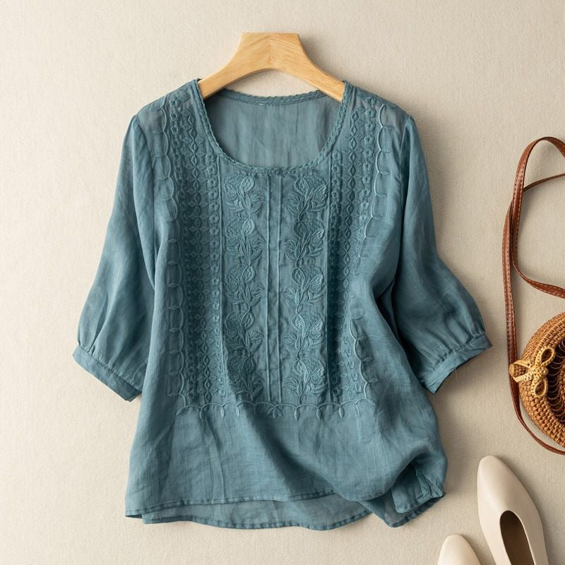 Teal Women's Meadow Embroidered Blouse, featuring a relaxed fit and vintage charm.