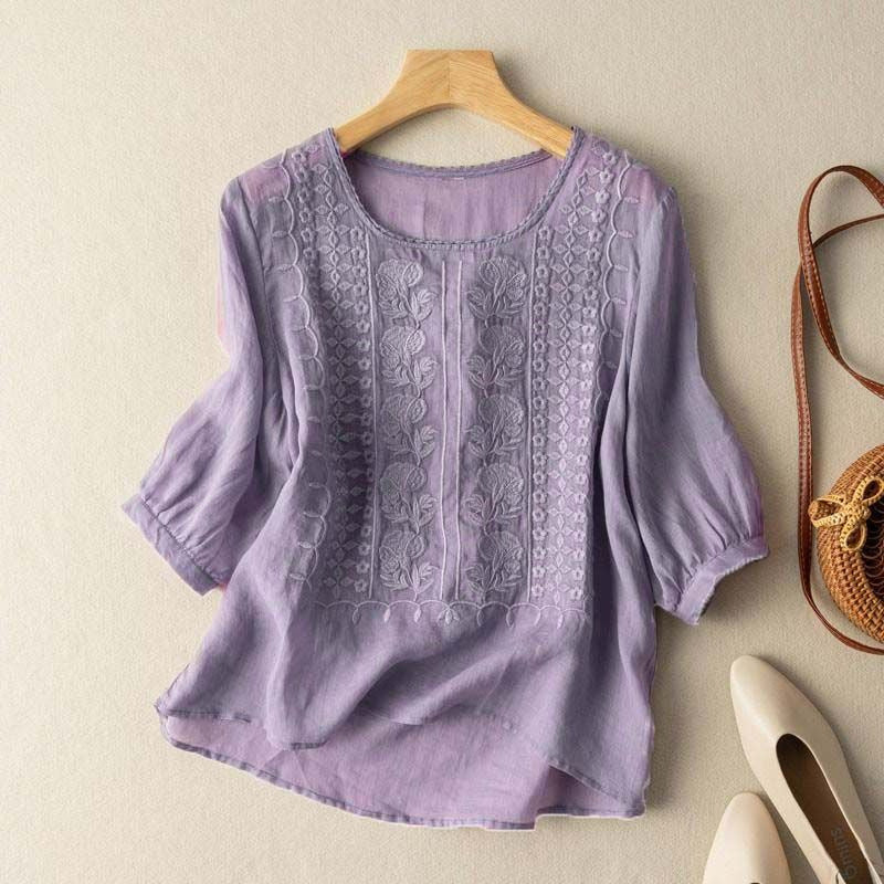 Purple relaxed fit Women's embroidered top, a comfortable boho-style casual shirt for daily wear.