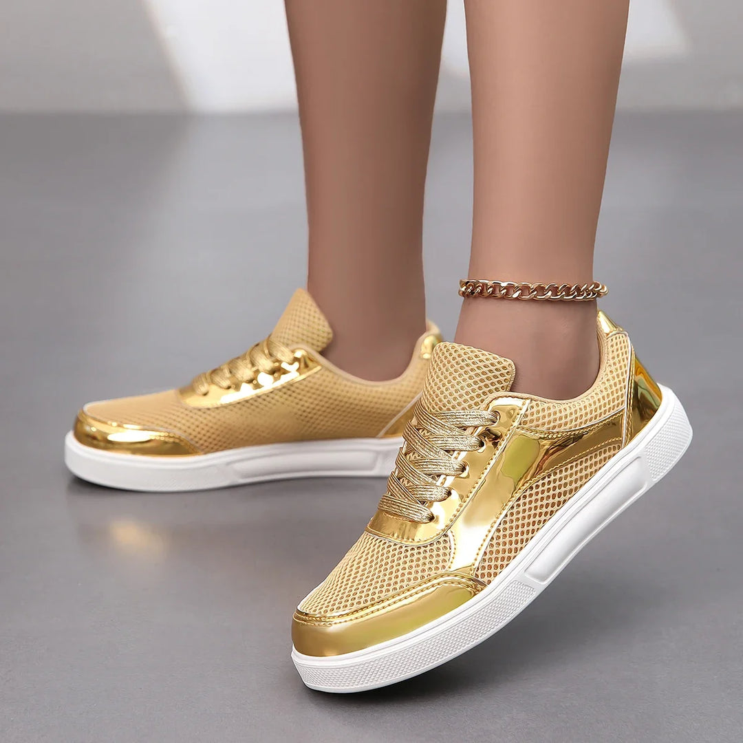 Versatile women's metallic mesh lace-up sneakers. Fashionable, comfortable shoes for walking and casual activities.