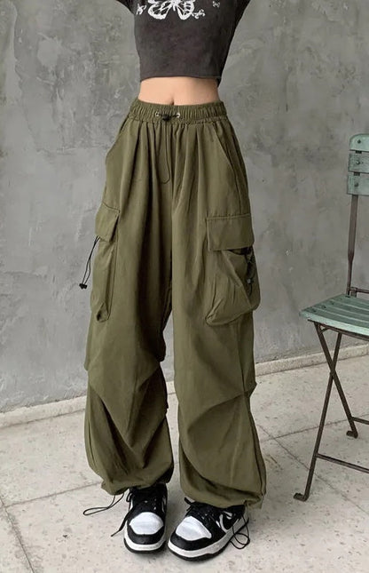 Comfortable women's cargo pants with adjustable waist, wide leg, ideal for relaxed casual wear.