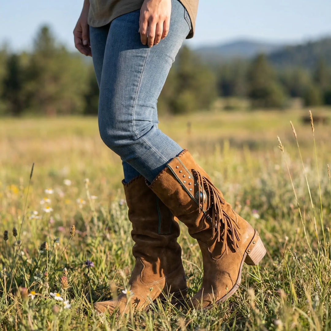 Women's mid-calf western boots with playful fringe, perfect for a boho-chic look. Comfortable block heel.