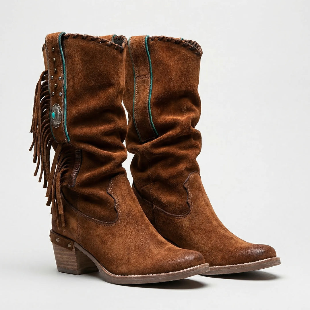 Casual yet fashionable women's mid-calf fringe western boots for everyday boho style. Easy slip-on design.