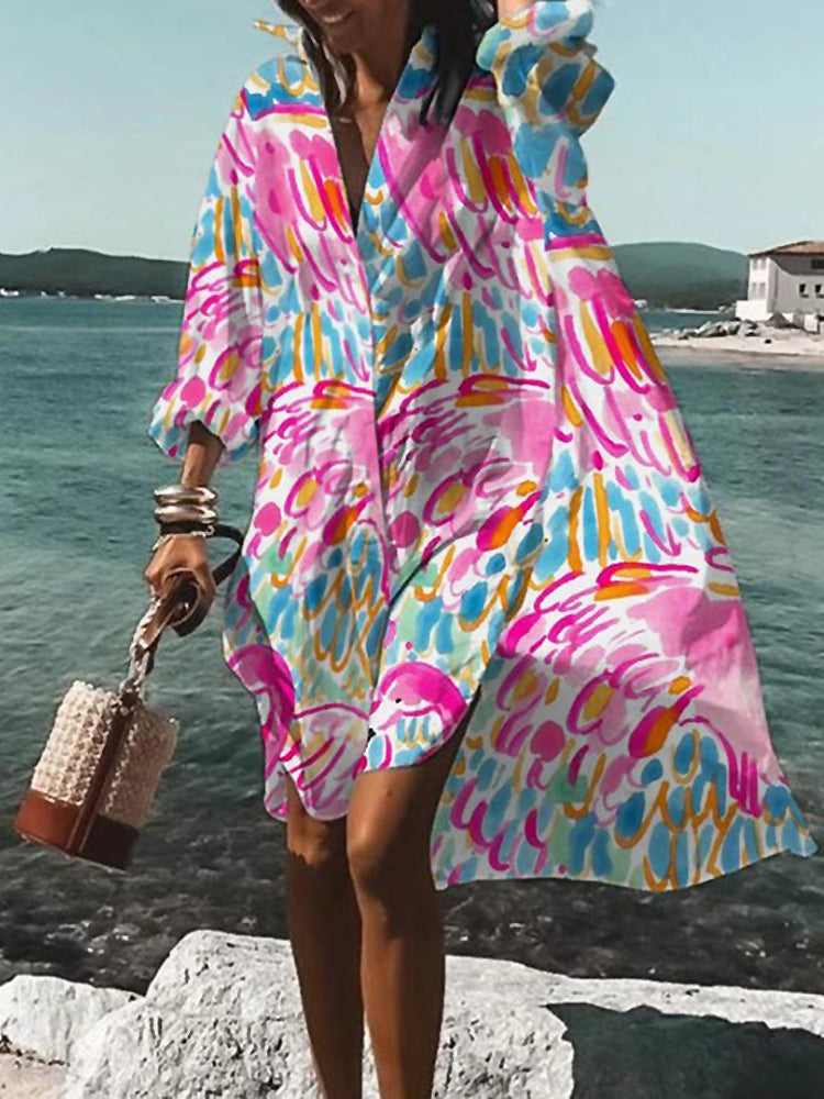 Relaxed fit women's midi shirt dress with button-down front & short sleeves. Comfortable everyday style.