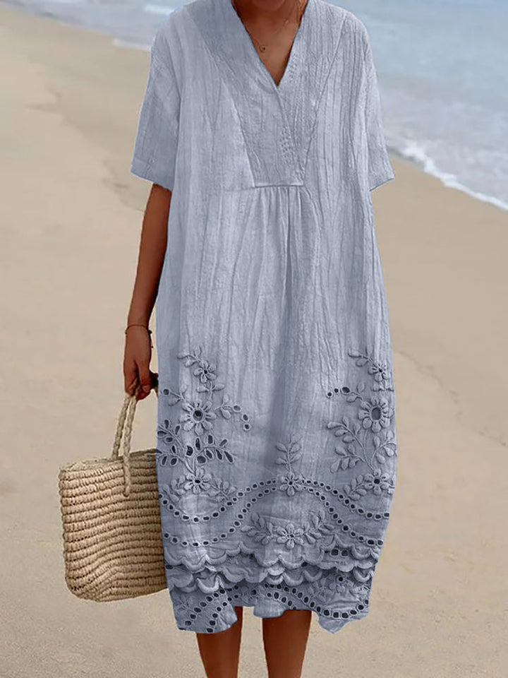 Elegant women's Mila bohemian midi dress, relaxed fit, soft fabric, perfect for casual summer outings.