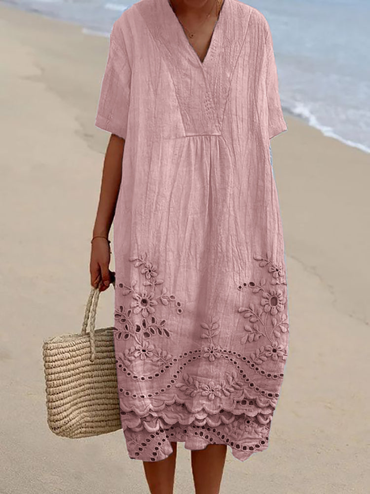 Plus size women's Mila bohemian midi dress, comfortable & stylish, ideal for spring, summer & resort wear.