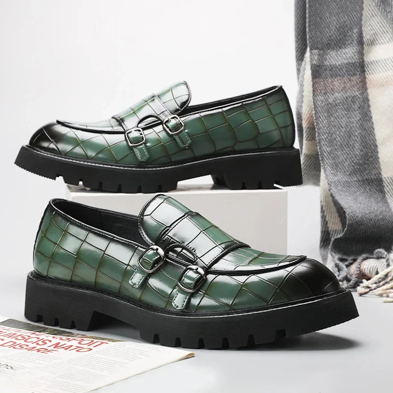 Chic women's platform loafers with unique embossed detail & elegant buckle, perfect for casual style.