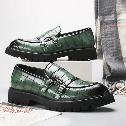 Chic women's platform loafers with unique embossed detail & elegant buckle, perfect for casual style.