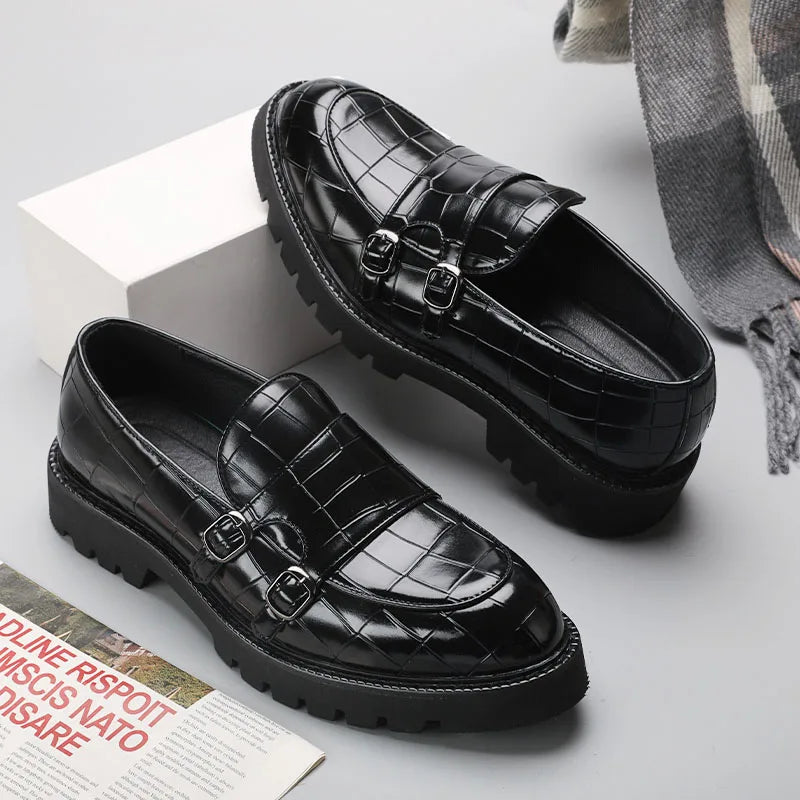 Close-up of the elegant buckle and embossed texture on women's Milano platform fashion loafers.