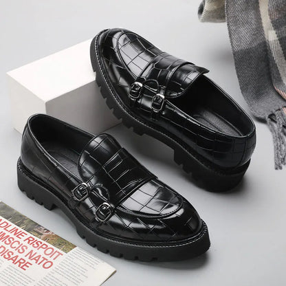 Close-up of the elegant buckle and embossed texture on women's Milano platform fashion loafers.