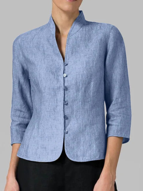 Women's minimalist button-front blouse with 3/4 sleeves. Perfect for casual or office workwear.