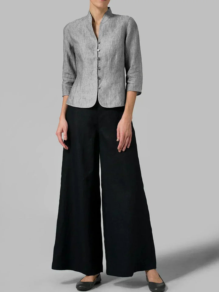 Modern women's button-front blouse with 3/4 sleeves, suitable for relaxed office wear or casual everyday outfits.