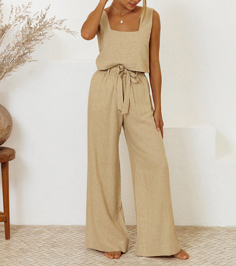Women's minimalist two-piece set with a square neck top & wide-leg pants. Effortless, comfortable, and chic modern style.