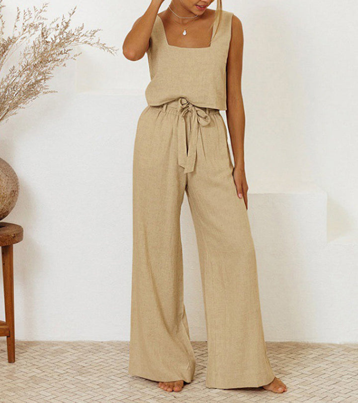 Women's minimalist two-piece set with a square neck top & wide-leg pants. Effortless, comfortable, and chic modern style.