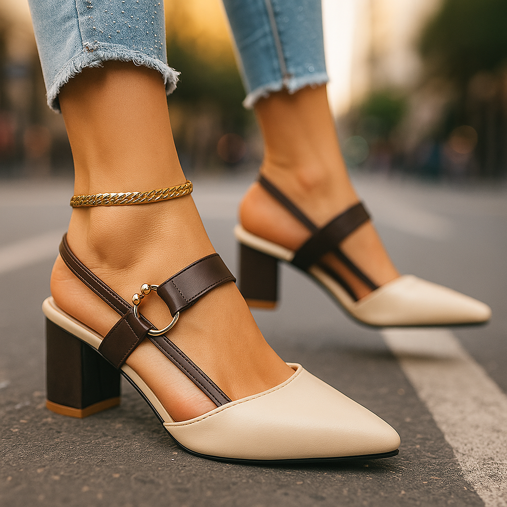 Women's Mirella Chic beige ring heels with sturdy block heel for elegant evening wear.