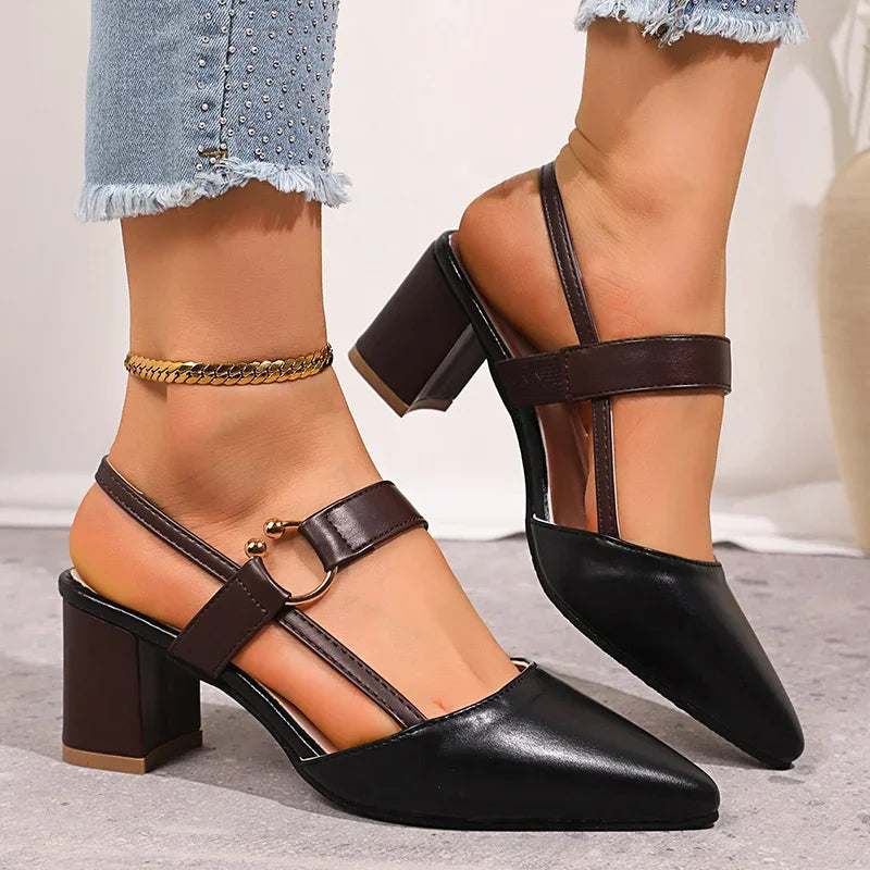 Elegant beige Mirella Chic block heel sandals for women, featuring a unique ring accent.