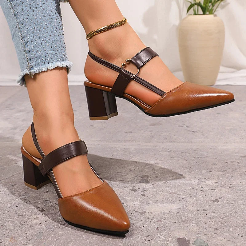 Fashionable beige women's block heels with chic ring embellishment; versatile & elegant.