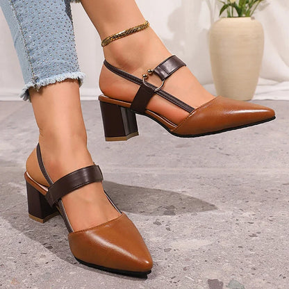 Fashionable beige women's block heels with chic ring embellishment; versatile & elegant.