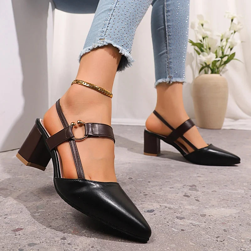 Women's Mirella Chic beige heels, block heel & stylish ring; perfect chic evening wear.