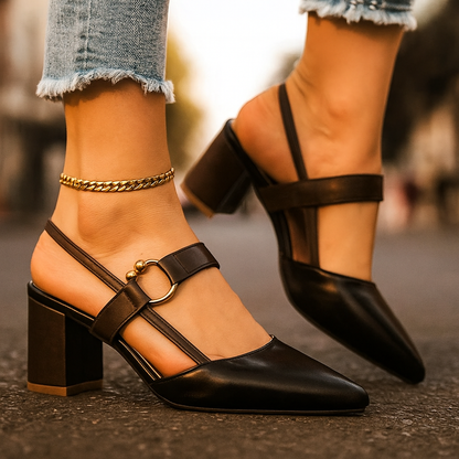 Brown women's Mirella Chic ring heels with a stable block heel; versatile elegant shoes.