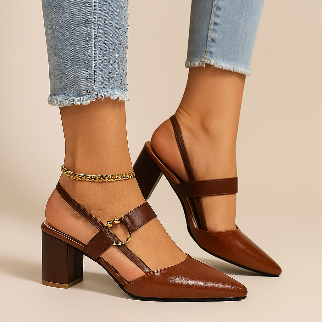 Chic women's beige strap heels with a unique ring detail & supportive block heel.