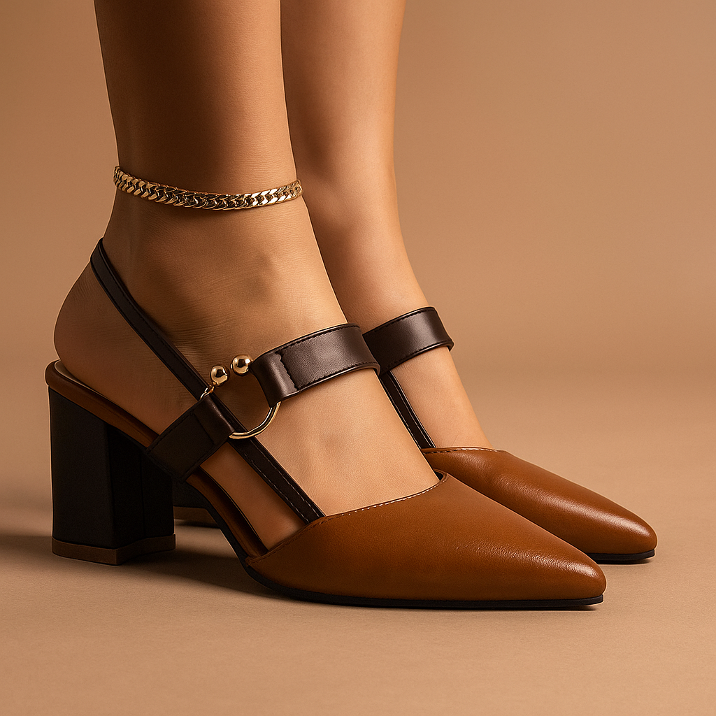Comfortable women's brown block heels with stylish ring detail; perfect for long wear.