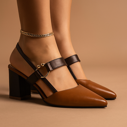 Comfortable women's brown block heels with stylish ring detail; perfect for long wear.
