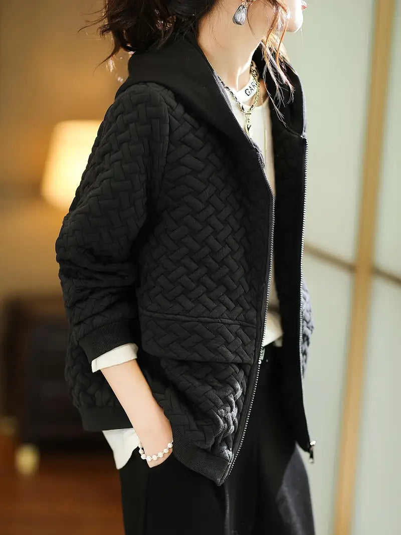 Mirelle women's quilted hoodie jacket, offering a chic basketweave texture & zip-up ease.