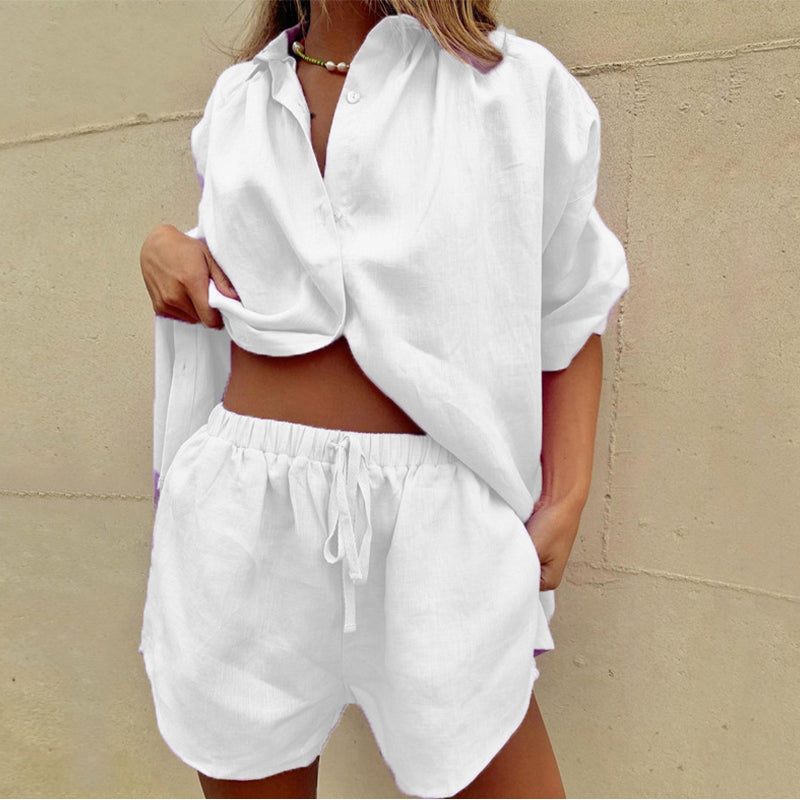 Elegant women's Moana cotton blouse and shorts two-piece set, ideal for versatile casual & loungewear.