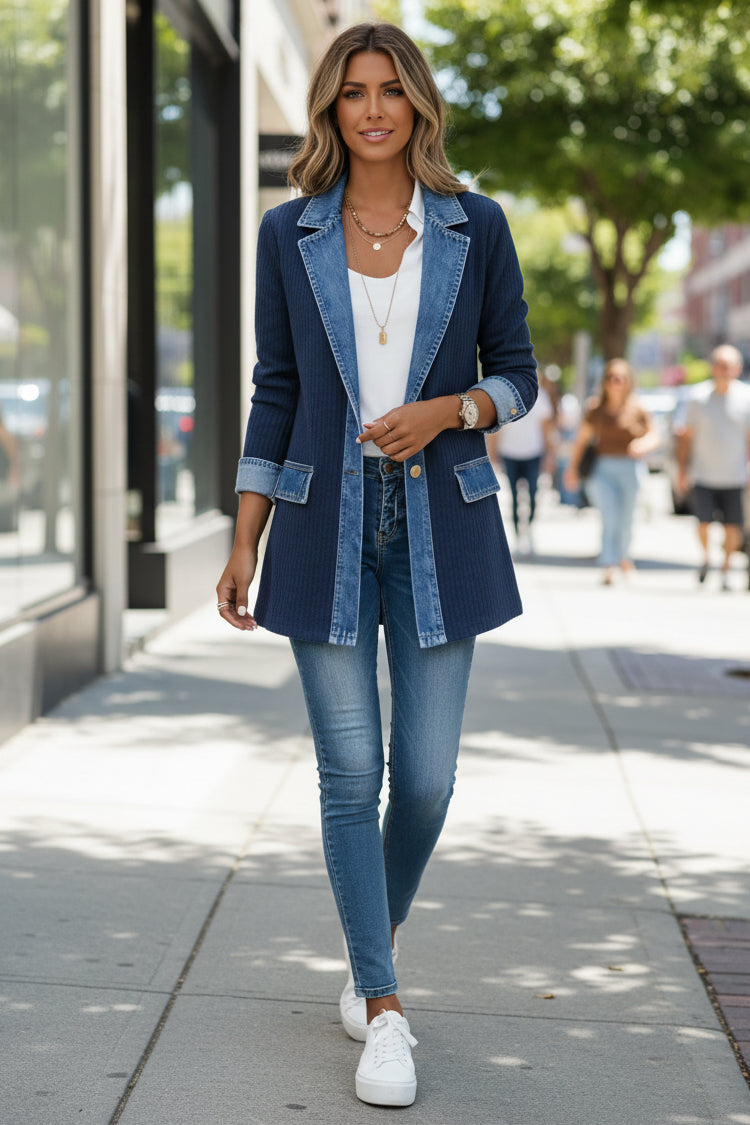 Elegant women's fall/spring hybrid jacket with distinct contrast elements for a fashionable, versatile look.