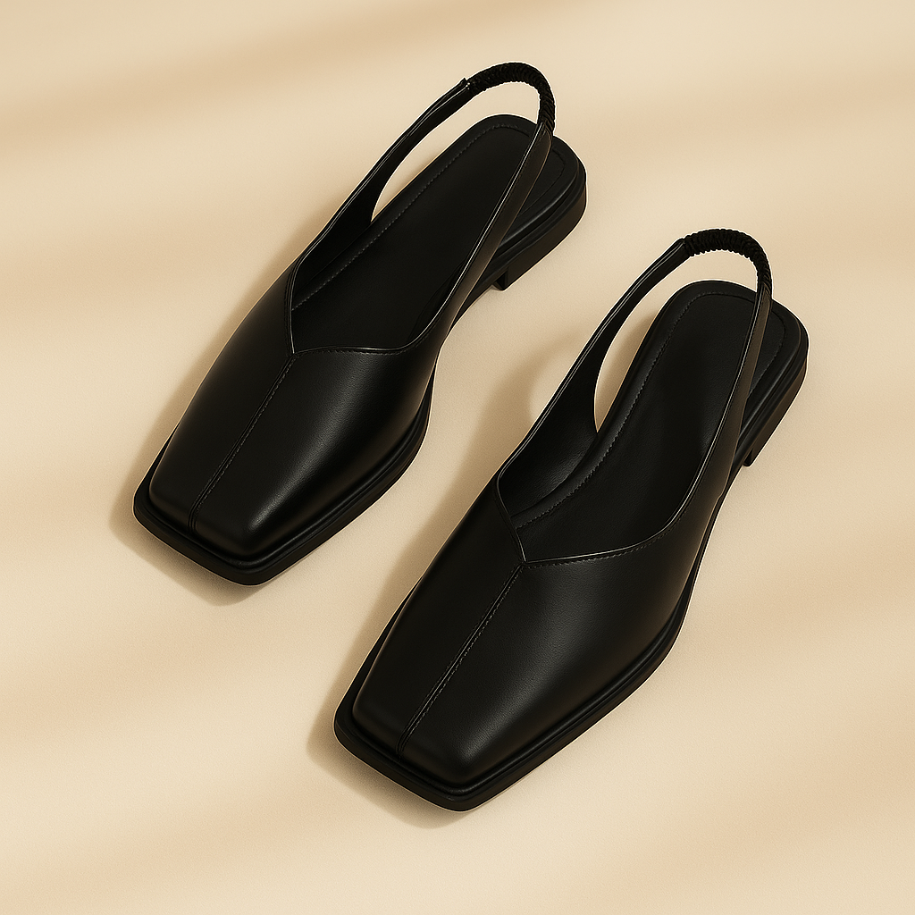 Chic women's square toe comfort flats; easy slip-on style for modern, all-day casual wear.