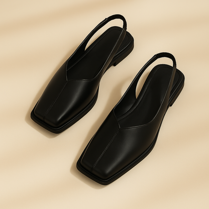 Chic women's square toe comfort flats; easy slip-on style for modern, all-day casual wear.