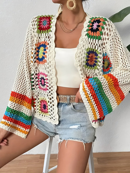 Women's Mosaic Crochet Cardigan with Flared Sleeves, perfect for boho summer layering.