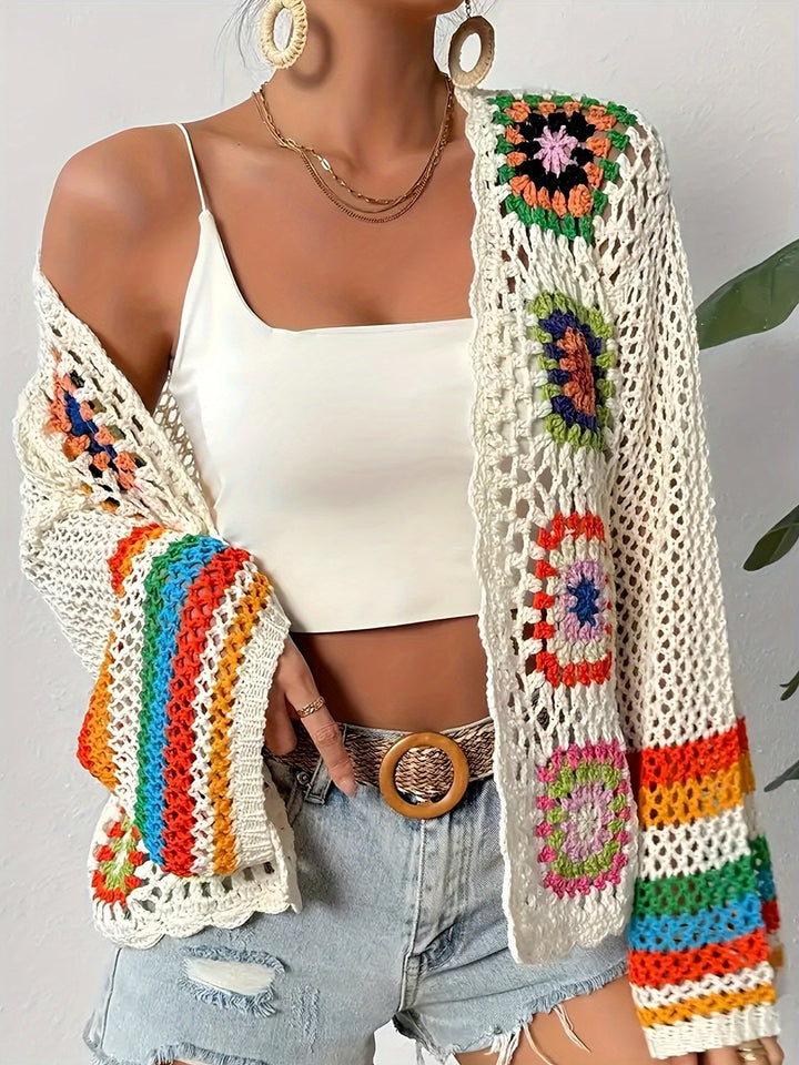 Boho open knit crochet cardigan for women. Flared sleeves, ideal for spring layering & summer fashion.
